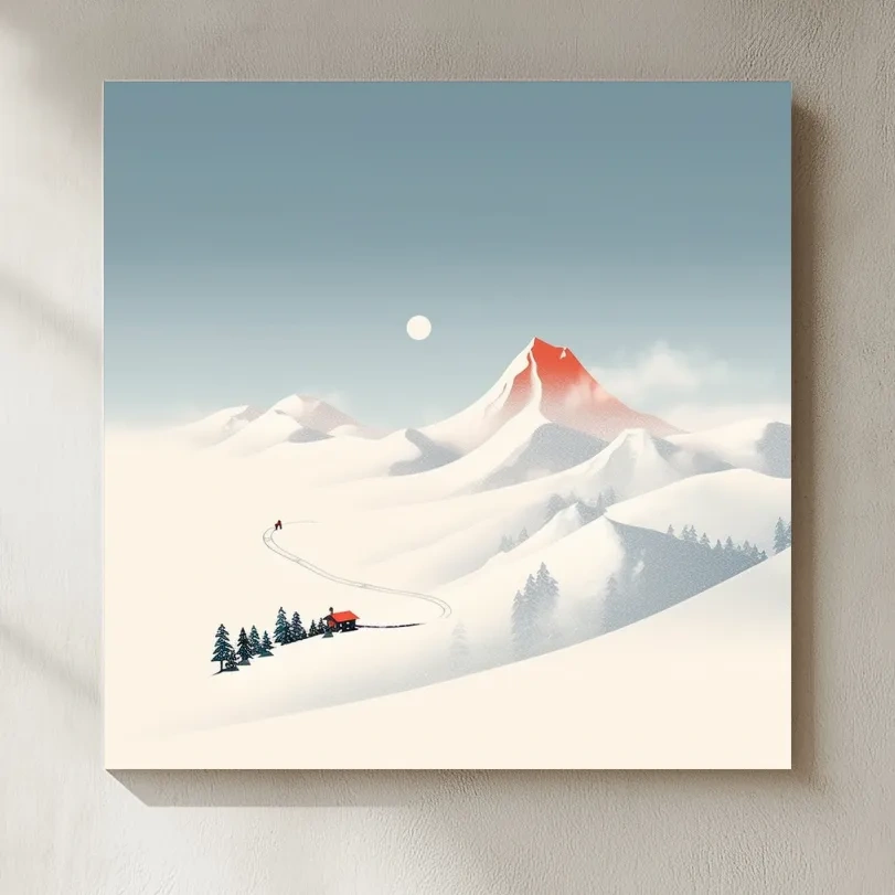Minimalist Snowy Mountain Cabin Landscape - Nordic Winter Wall Art