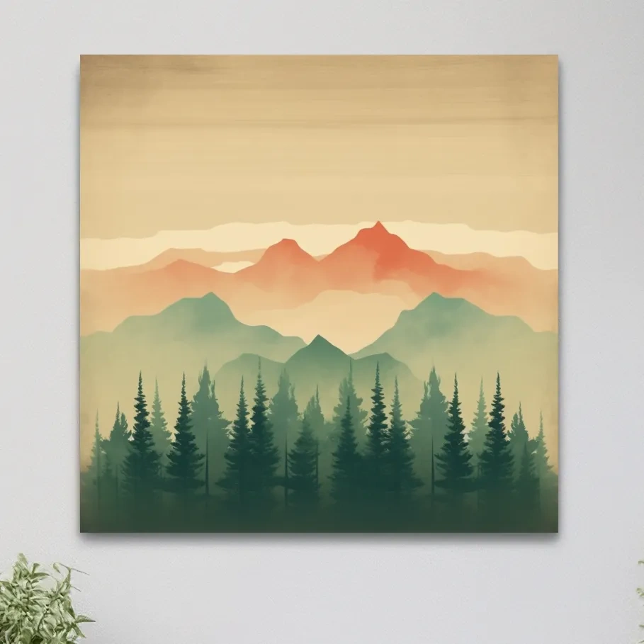 Minimal mountain artwork, treeline in the alpine mist