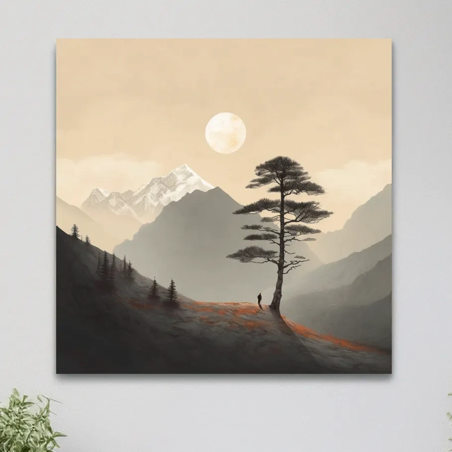Minimal mountain art, lonely tree