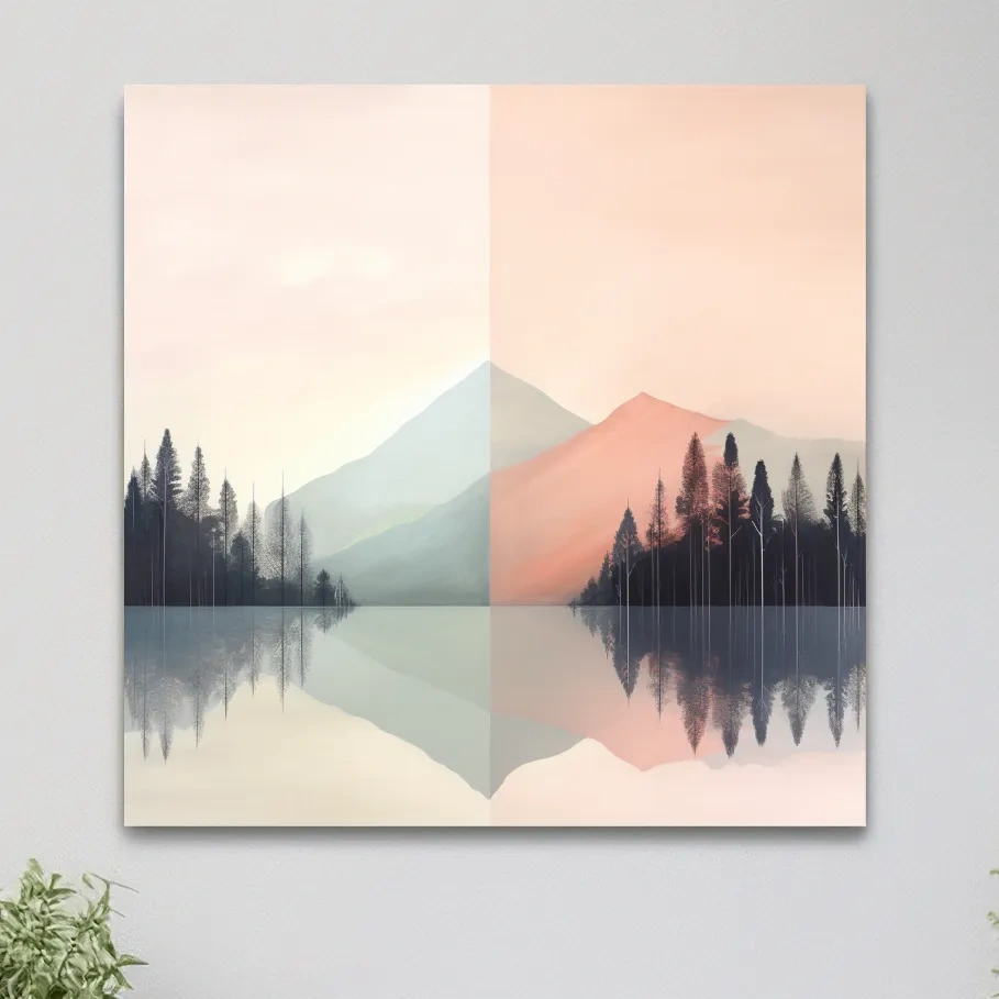 Mimimal mountain art, alpine treelined lake