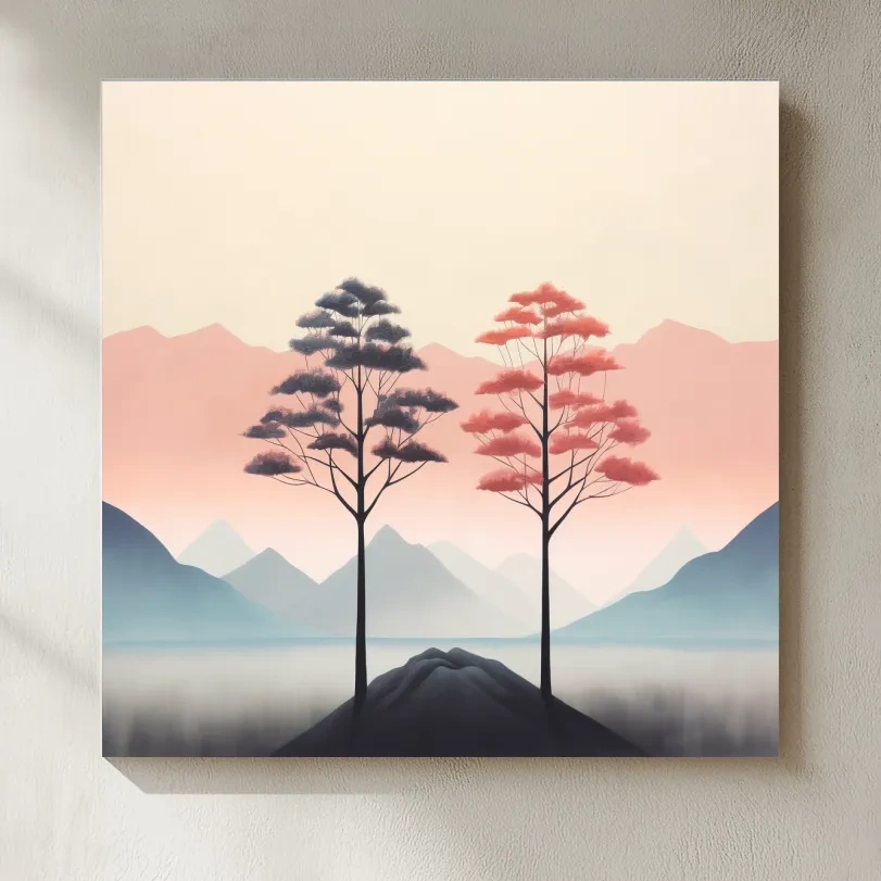 Minimalist Twin Pine Trees Landscape - Serene Pastel Mountain Lake Wall Art
