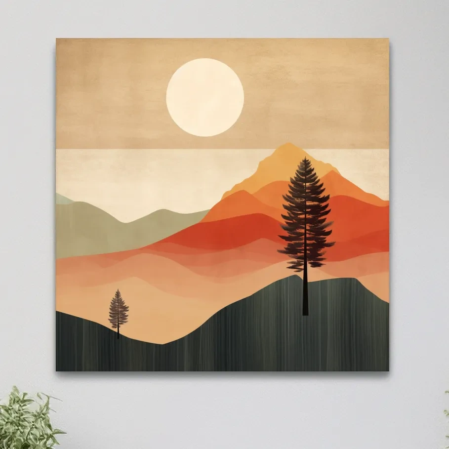 Mimimalist mountain art, sunset over the mountains