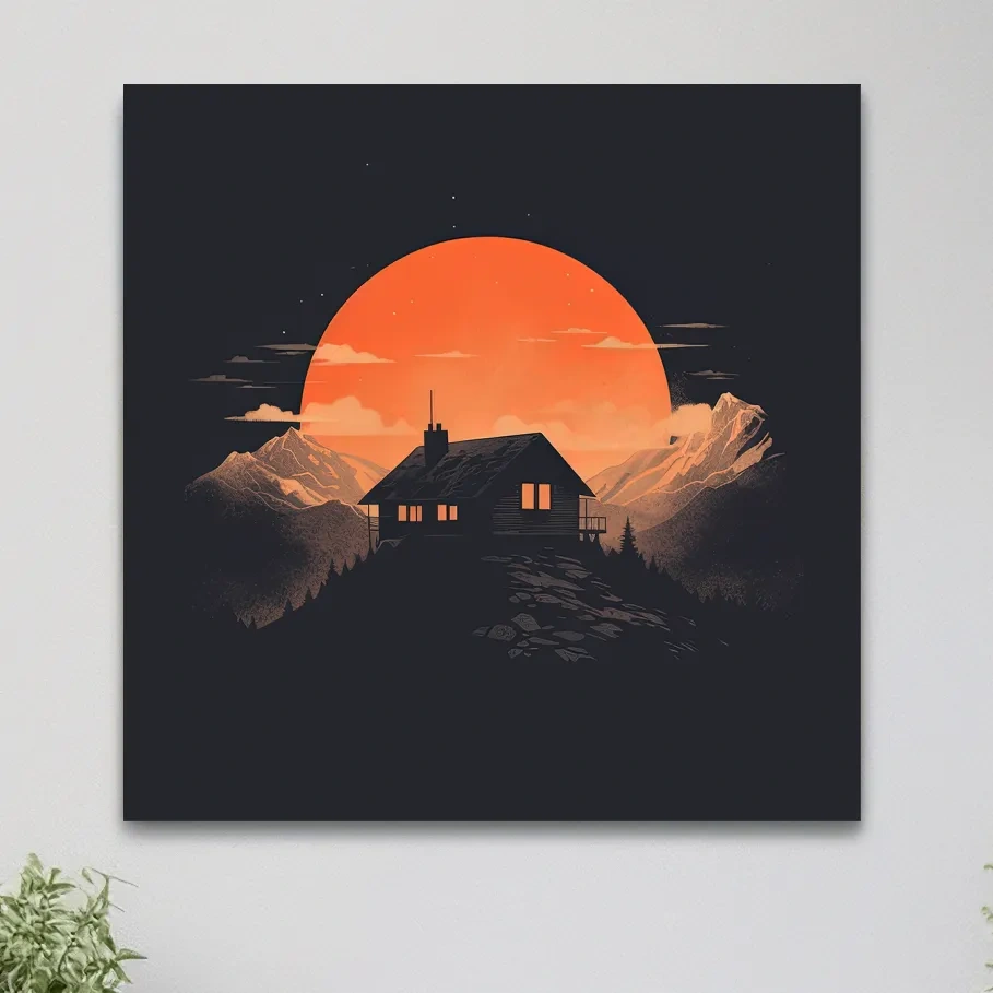 Minimal art, cabin at sunset