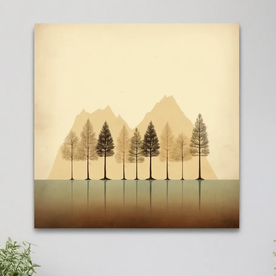 Minimal mountain art, treeline on the lake
