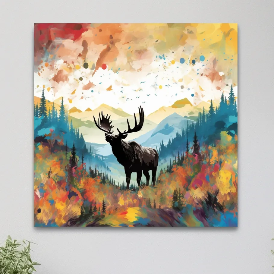 Abstract splattered painting of a large moose