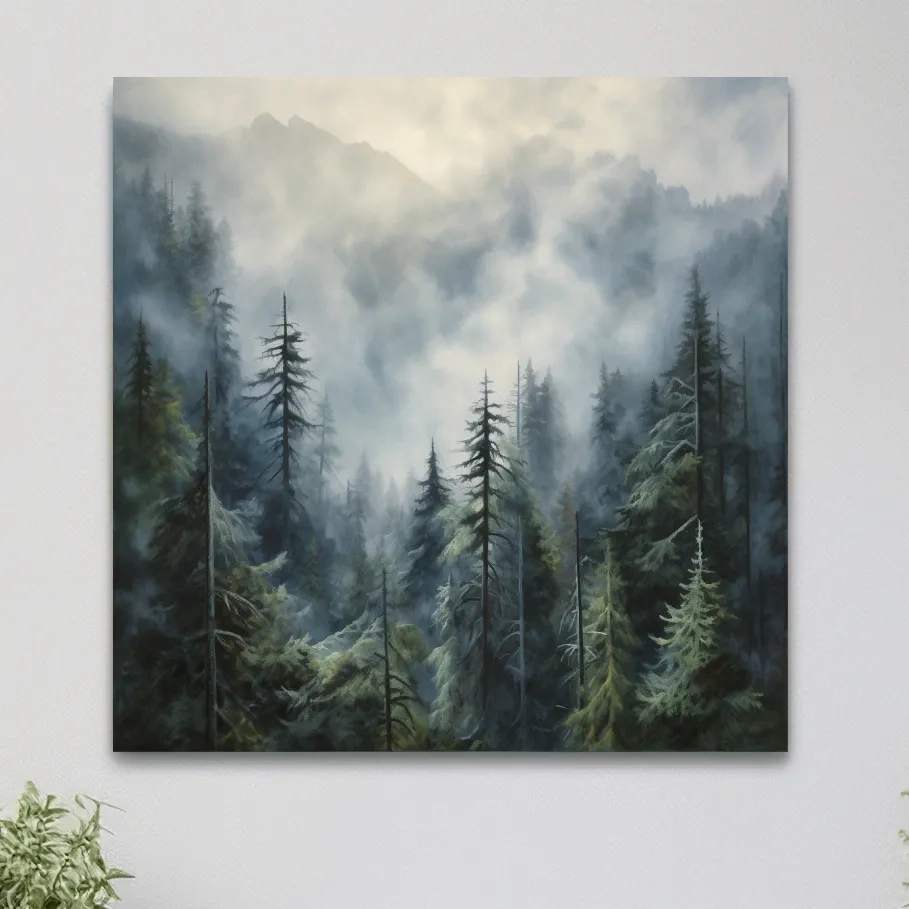 Painting of foggy forest in the mountains