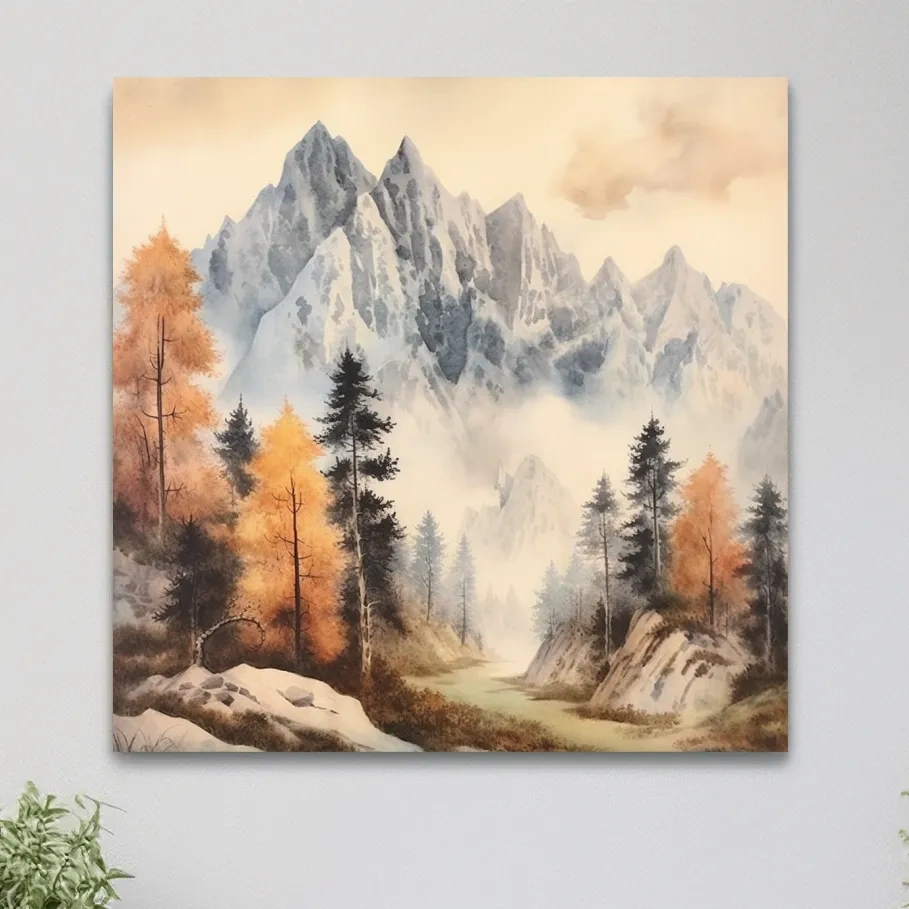 Watercolour painting of mountains and trees