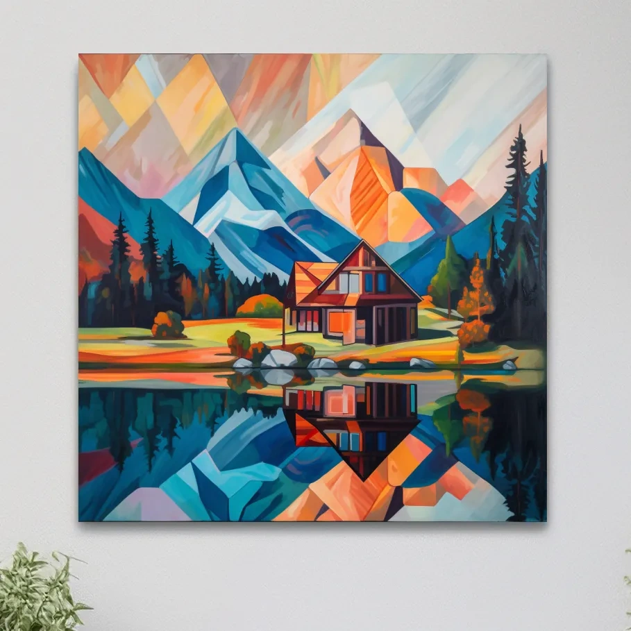 Abstract painting of a cabin by a lake at sunrise
