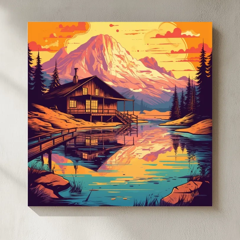 Colourful illustration of a cabin by an alpine lake at sunset