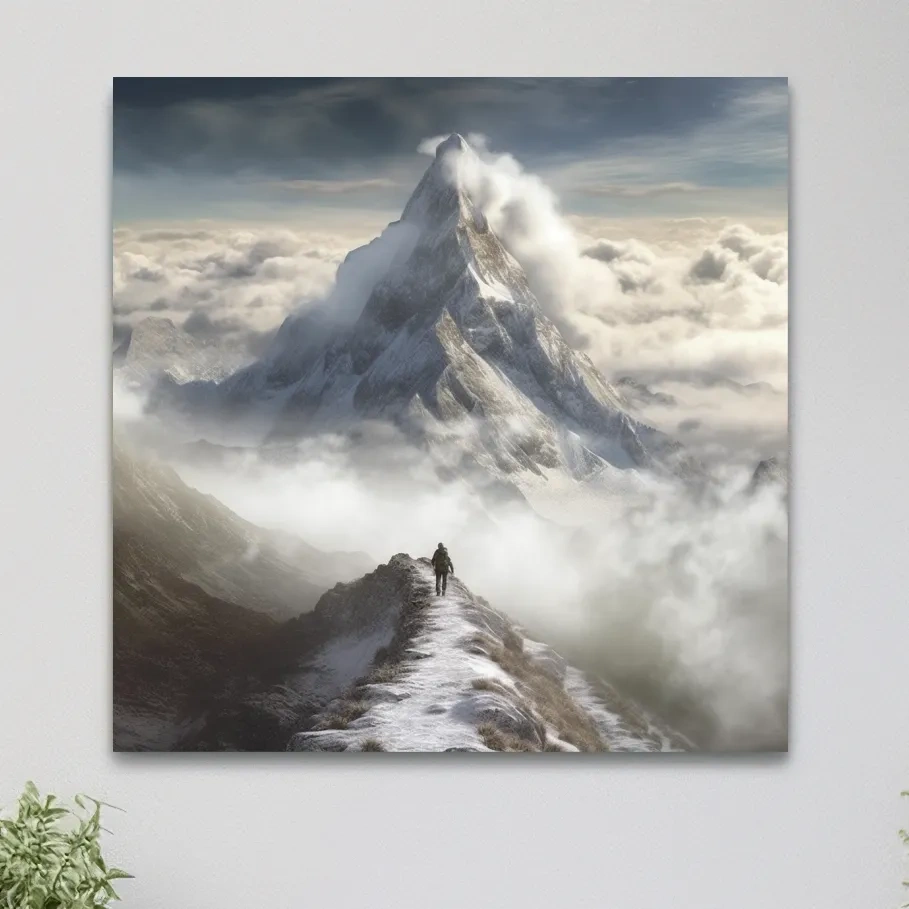 Painting of a person walking along a high alpine ridge