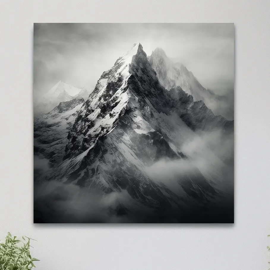 Photographic art, ominous snowy peaks in the clouds