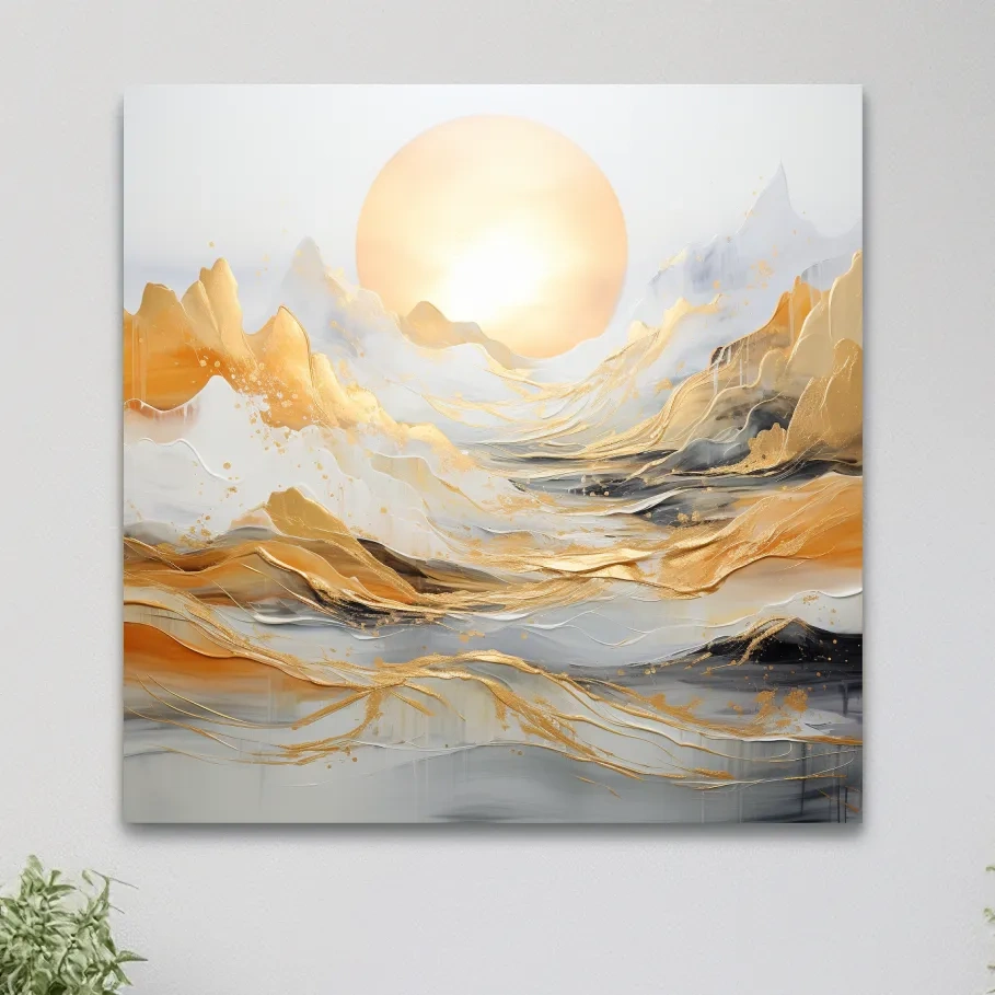 Mountain landscape art, gold leaf painting style