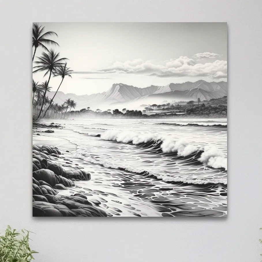 Black and white drawing of a tropical beach mountain scene