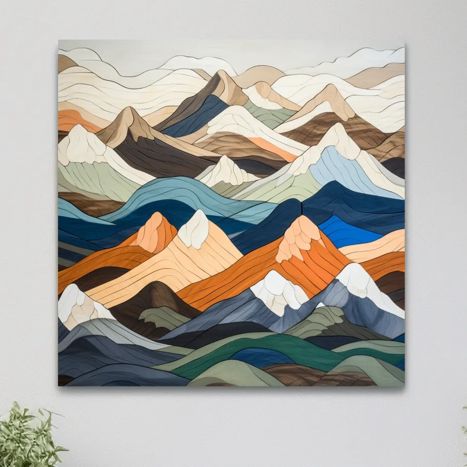 Wooden art, snow mountain peaks