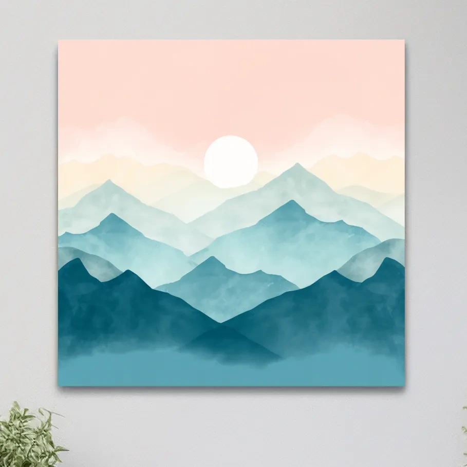 Minimalist Watercolor Misty Mountain Sunrise - Pastel Alpine Landscape Wall Art