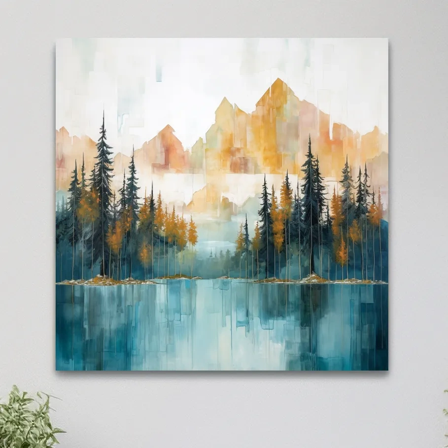 Watercolour painting of an alpine lake in the mountains