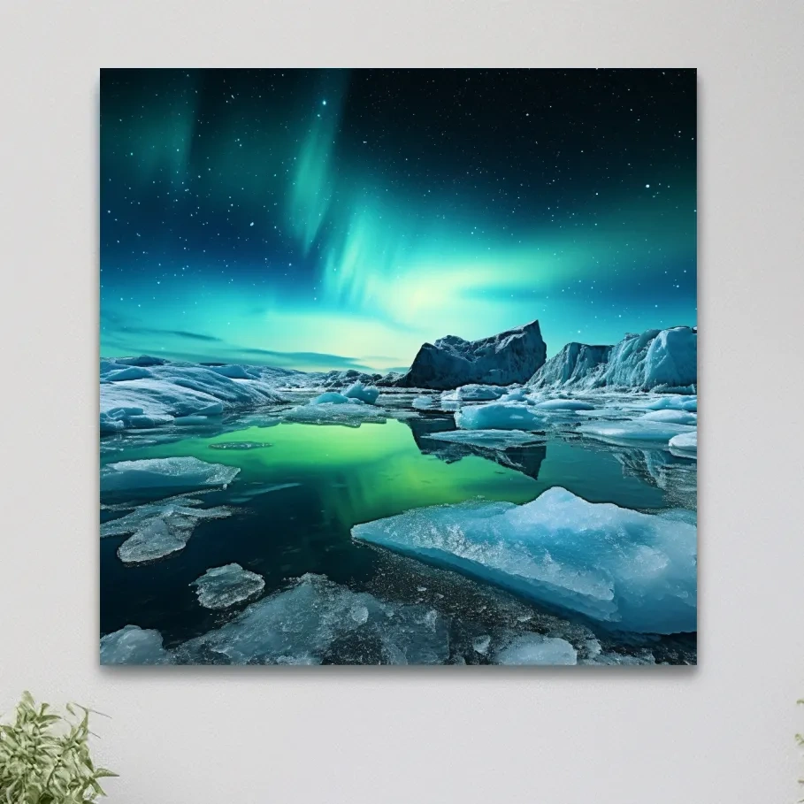 Photographic art, turquoise northen lights over the artic ice
