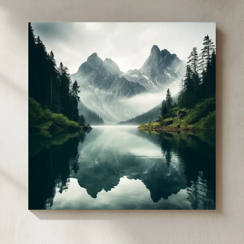 Misty Alpine Mountain Lake Reflection - Moody Pine Forest Photographic Wall Art