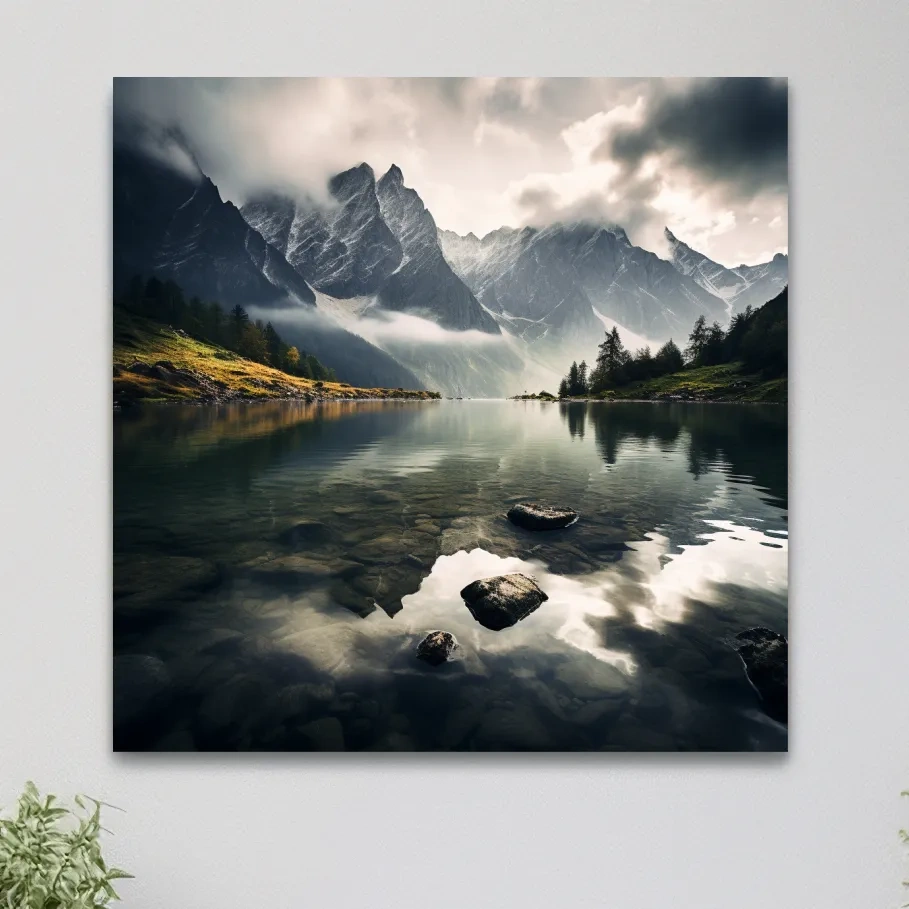 Photographic art, dramatic clouds over an alpine lake