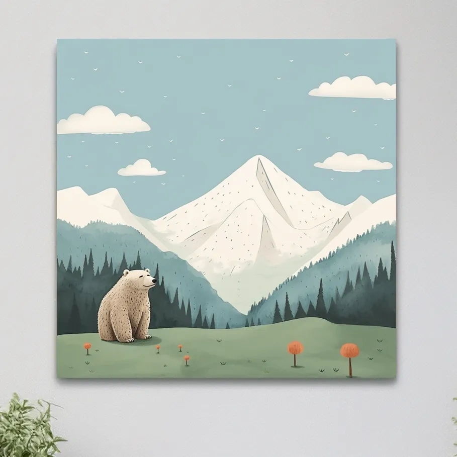 Illustration of a happy bear sitting in the alpine