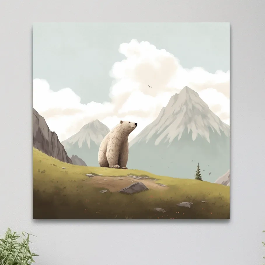 Illustration of a happy bear chilling in the alpine