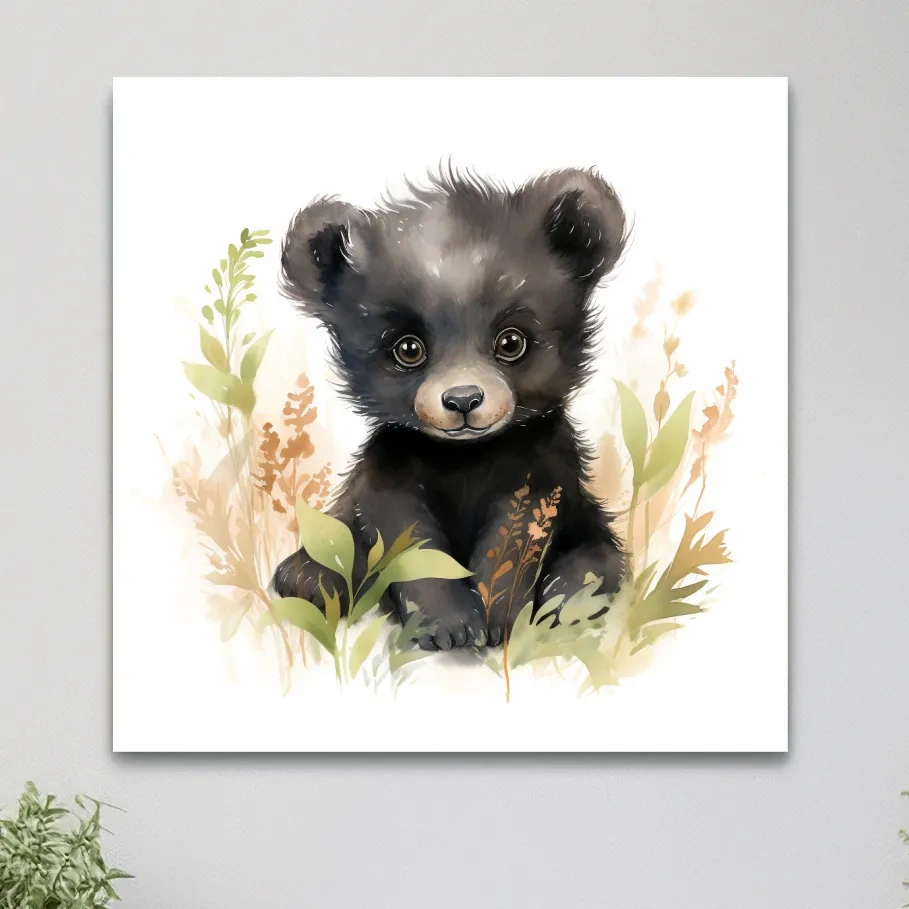 Watercolor painting of a cute black bear cub, nursery art painting