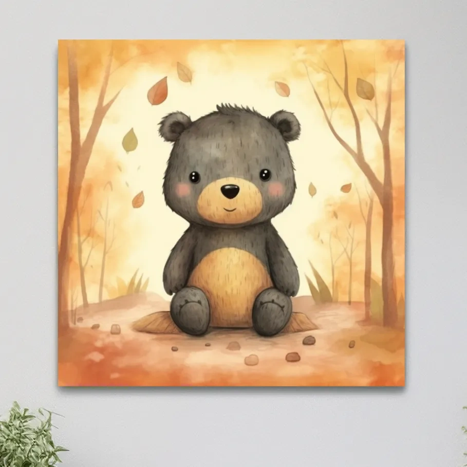 Cute Watercolor Teddy Bear Forest Illustration - Whimsical Nursery Wall Art