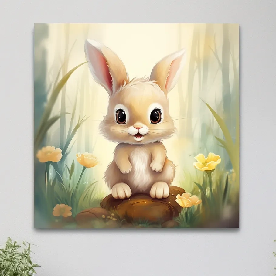 Nursery art - illustration of a cute bunny rabbit in the forest