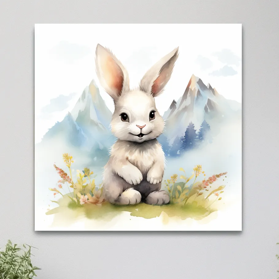 Nursery art - watercolor painting of a cute bunny rabbit in the mountains