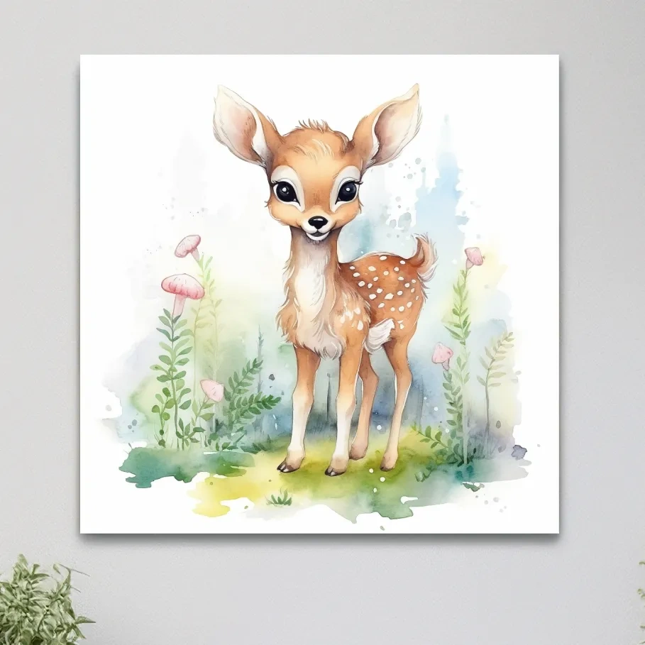 Nursery art, watercolor painting of a cute fawn in the forest
