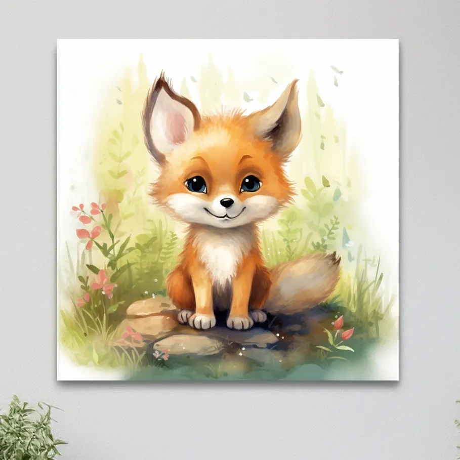 Watercolor nursery art painting, a cute baby fox cub sitting in the forest