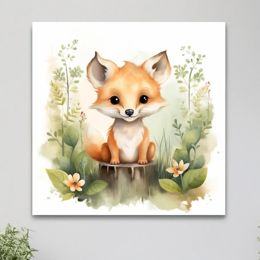 Watercolor nursery art illustration, a cute fox cub sitting on a log
