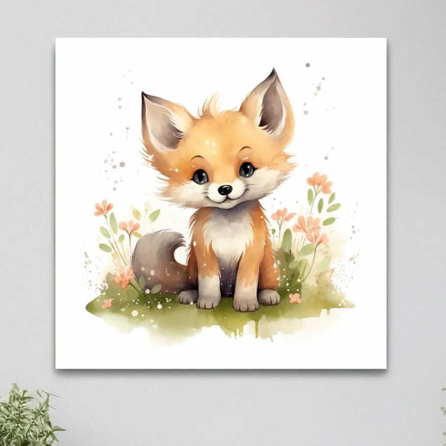 Watercolor illustration, a cute fox cub in the flowers, nursery art