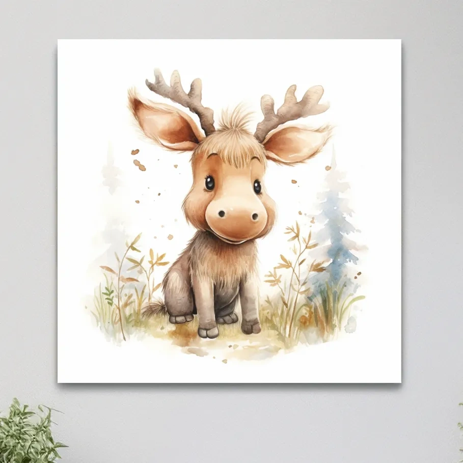 Watercolor illustration, a cute baby moose in the forest, nursery art