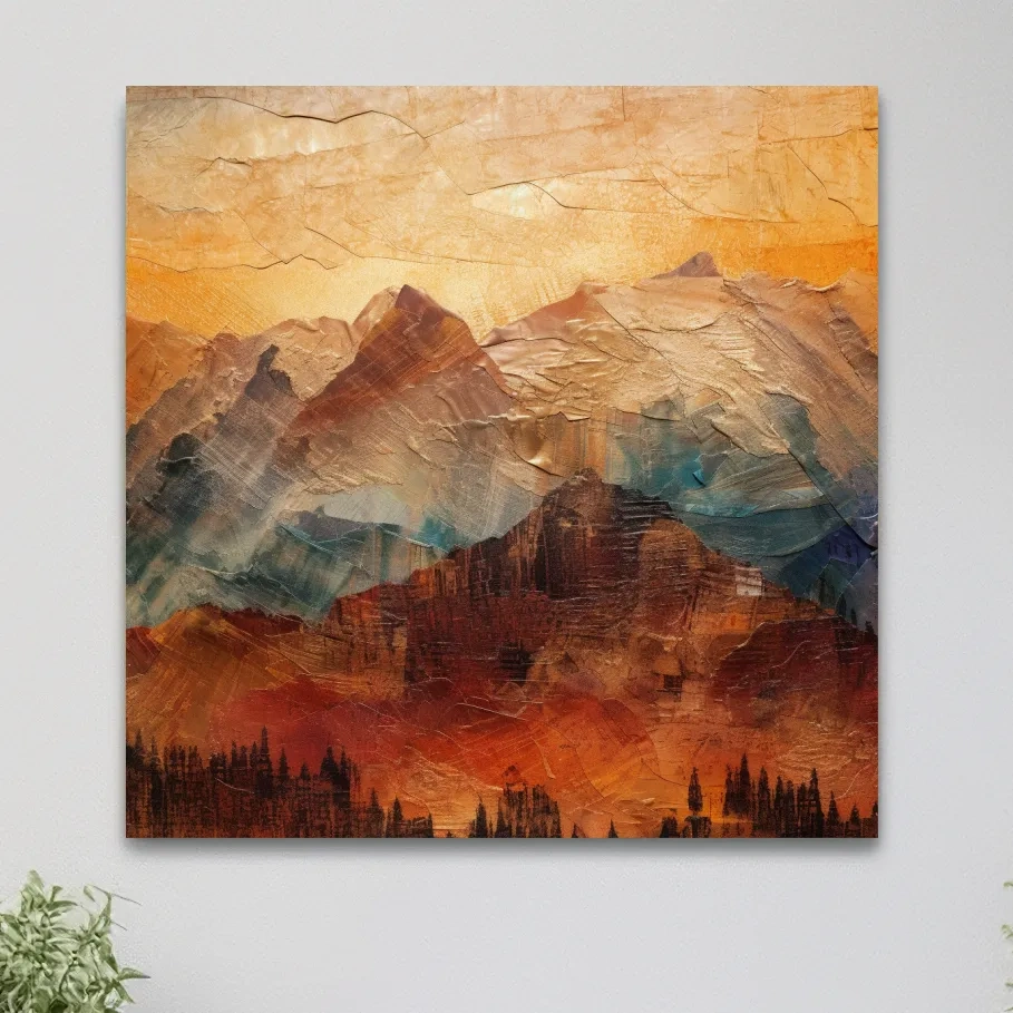 Rustic textured painting effect artwork of mountains at sunset