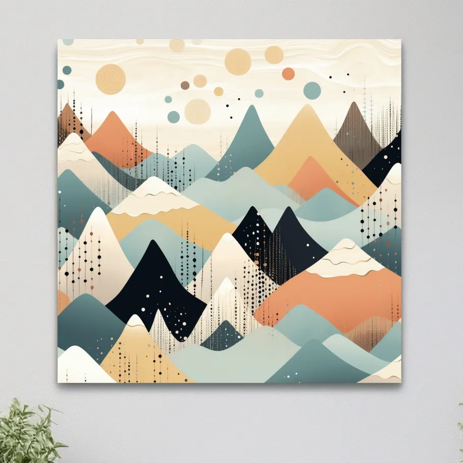 Mid-century bohemian art, pastel mountain patterns