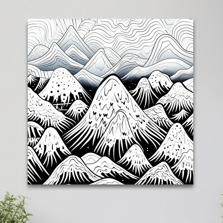 Black and white illustration of snowy mountain peaks