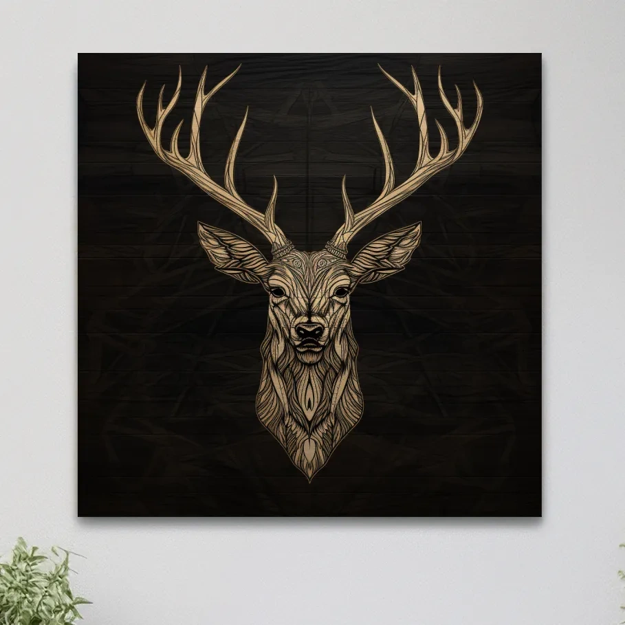 Wood engraving artwork of a deer head