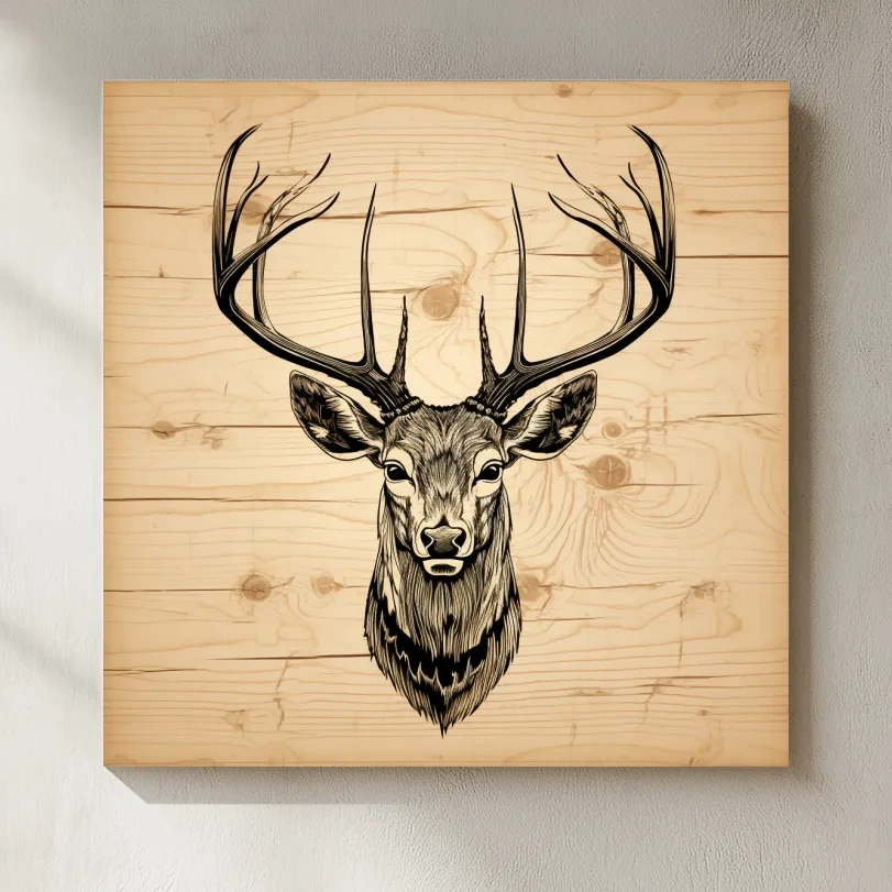 Rustic Engraved Wood Deer Head Illustration - Lodge Wildlife Wall Art