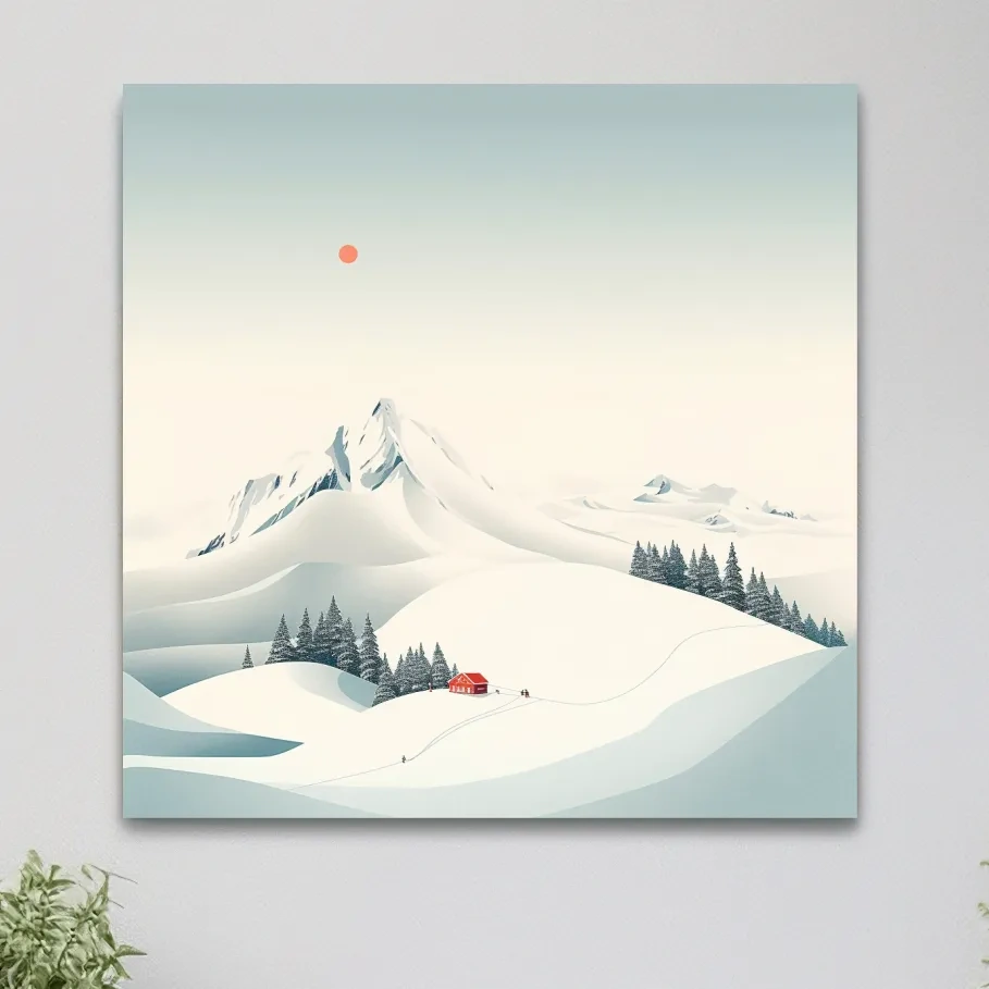 Minimalist Snowy Mountain Cabin Landscape - Winter Wall Art
