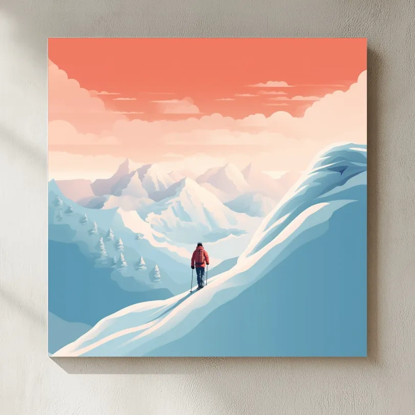 Minimalist Backcountry Skier Illustration - Pastel Alpine Landscape Wall Art