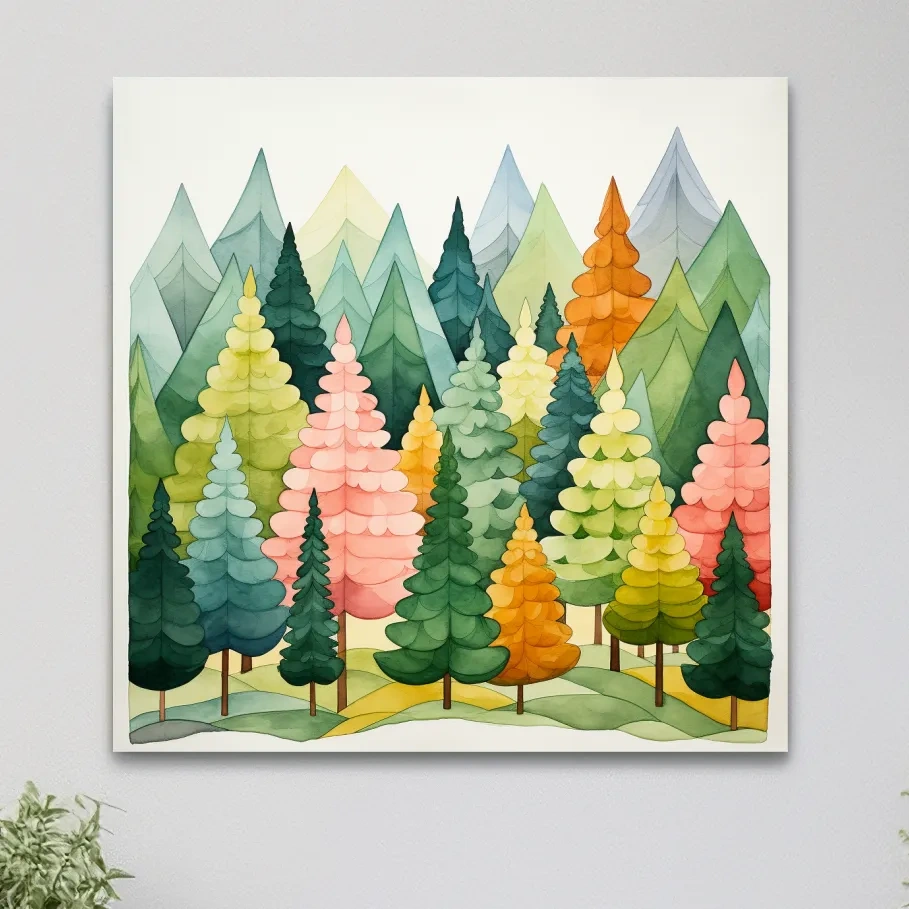 Whimsical Watercolor Pine Forest Mountains - Pastel Nursery Childrens Wall Art