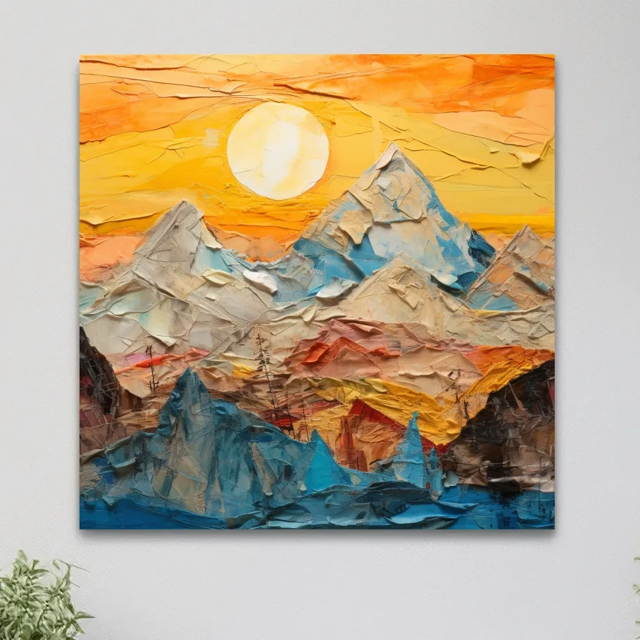 Textured art paper mache effect, mountains at sunset canvas art