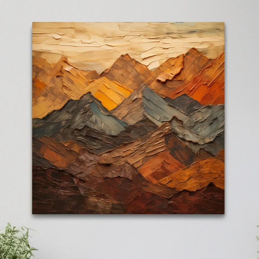 Earthy coloured mountains artwork, textured impasto painting effect