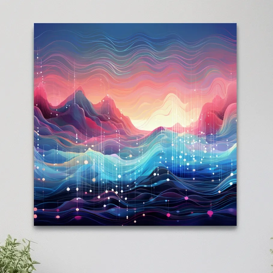 Funky Abstract Soundwave Mountain Patterns - Neon Sunset Landscape Wall Art
