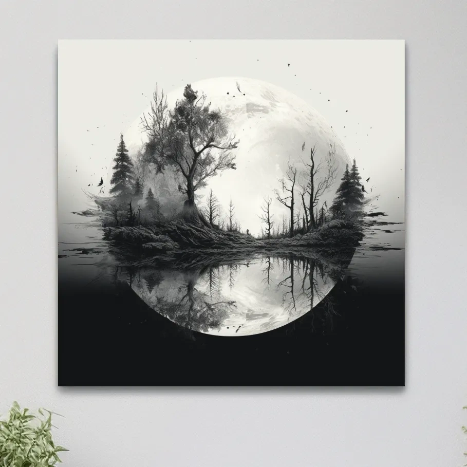 Surreal double exposure moon and forest drawing artwork