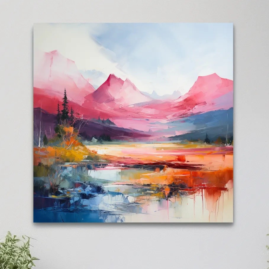 Abstract impressionist painting of an alpine mountain scene