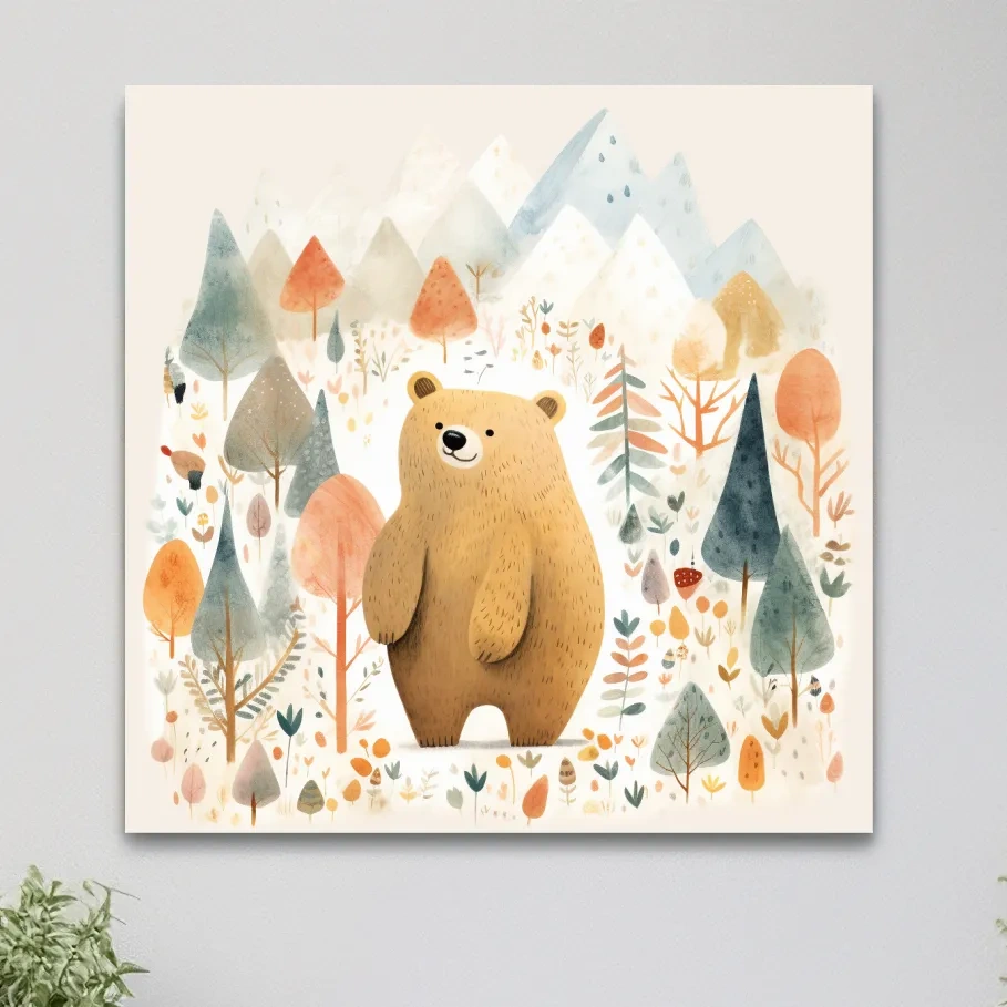 Cute Watercolor Bear In Mountain Forest - Whimsical Nursery Wall Art