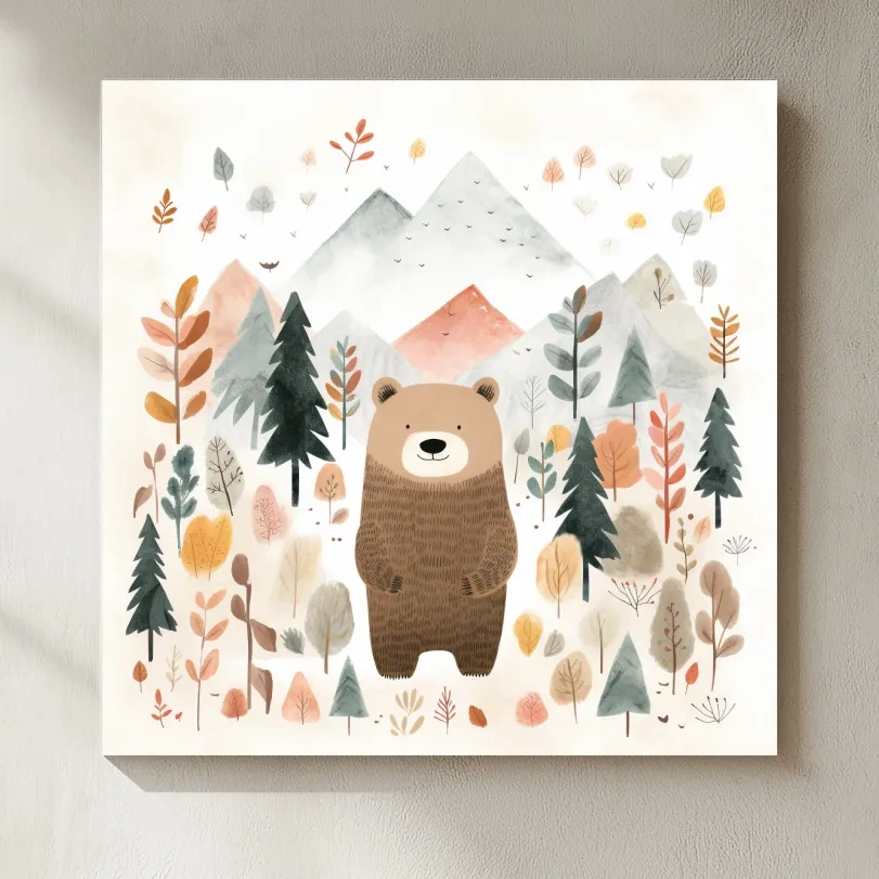 Cute Watercolor Bear Bear In Forest - Whimsical Mountain Nursery Wall Art