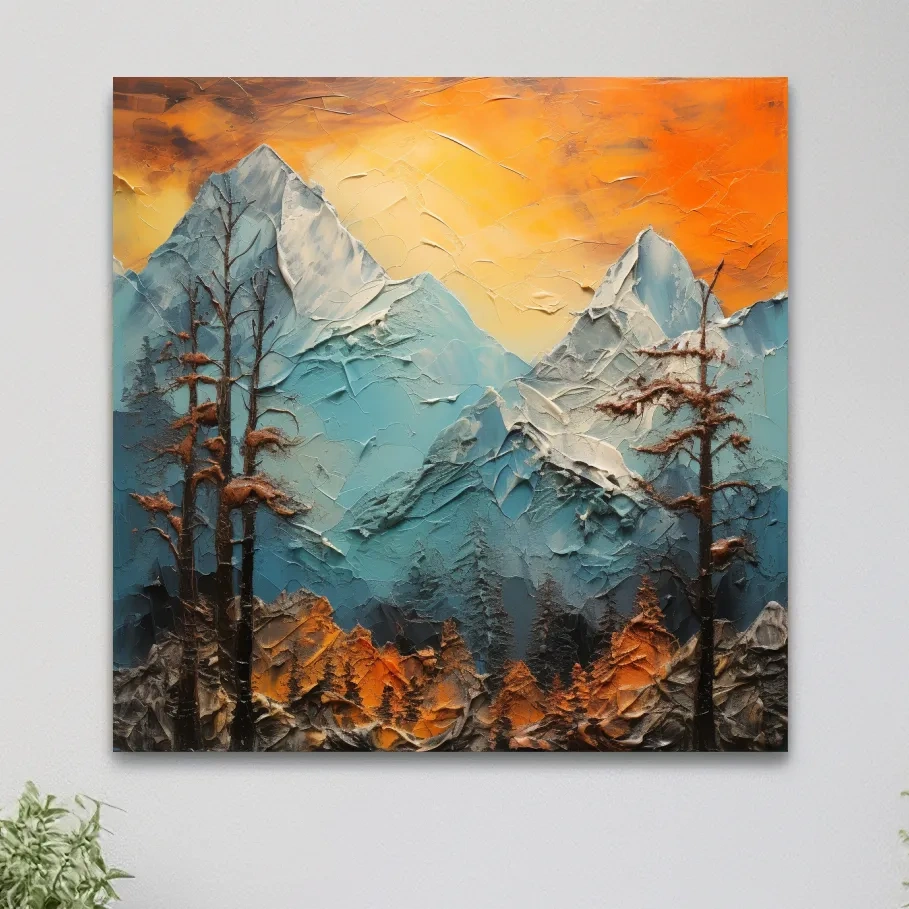 Mountains at sunset, thick impasto textured oil painting print
